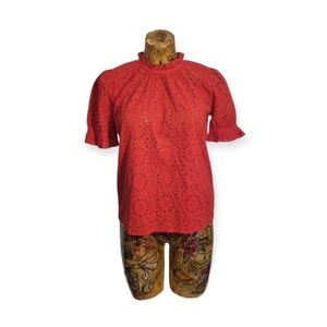 Madewell top red short sleeve eyelet high neck XS